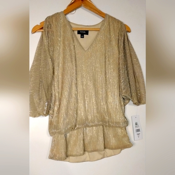 MSK Gold and Rhinestone Slit Bat Wing Sleeve Sparkle Blouse - Picture 1 of 5